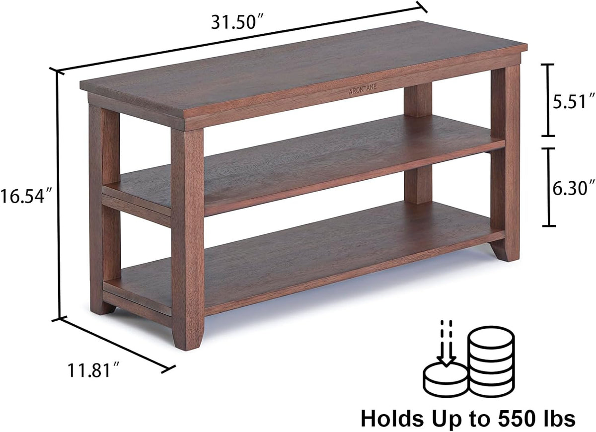 Shoe Rack Bench, 2-Tier Wood Heavy Duty Shoe Organizer Shelf for Entryway, Living Room,Bedroom (Brown, 11.81"X31.5"X16.54")
