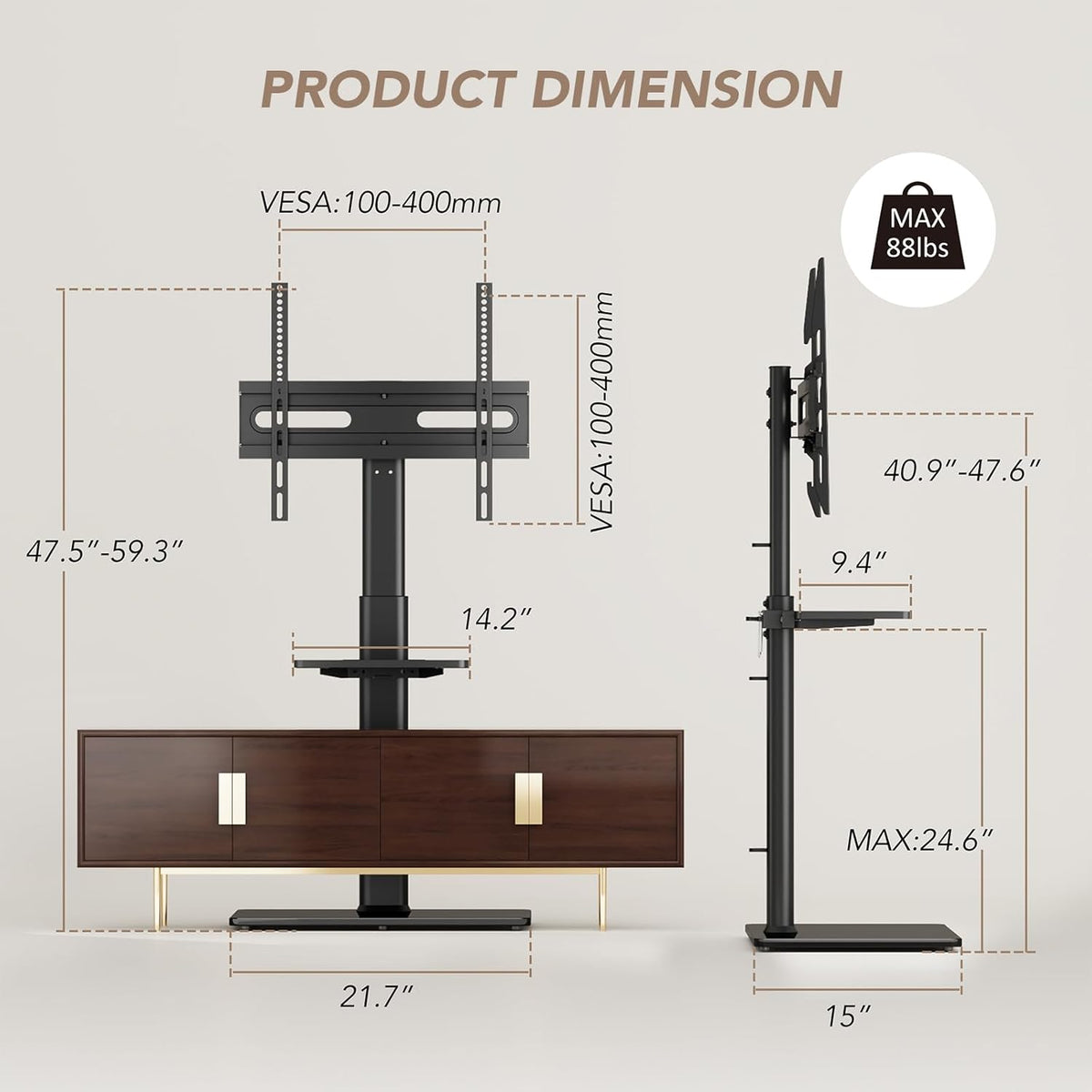 AX WABER Universal Floor TV Stand with Mount 70 Degree Swivel 9 Level Height Adjustable and Space Saving Design for Most 27 to 65 inch LCD, LED OLED TVs One Shelf