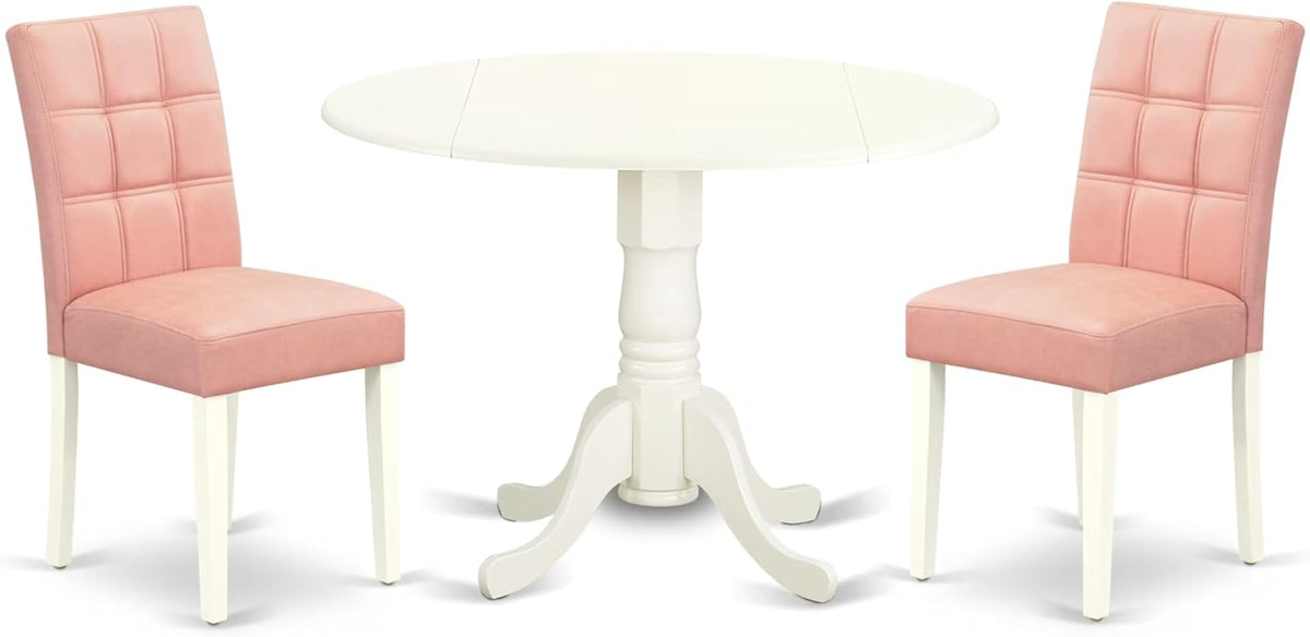 East West Furniture DLAS3-WHI-42 3 Piece Dining Table Set consists A Dinner Table and 2 Beige Red Polyester Fabric Parson Kitchen Chairs with Stylish Back- Linen White Finish