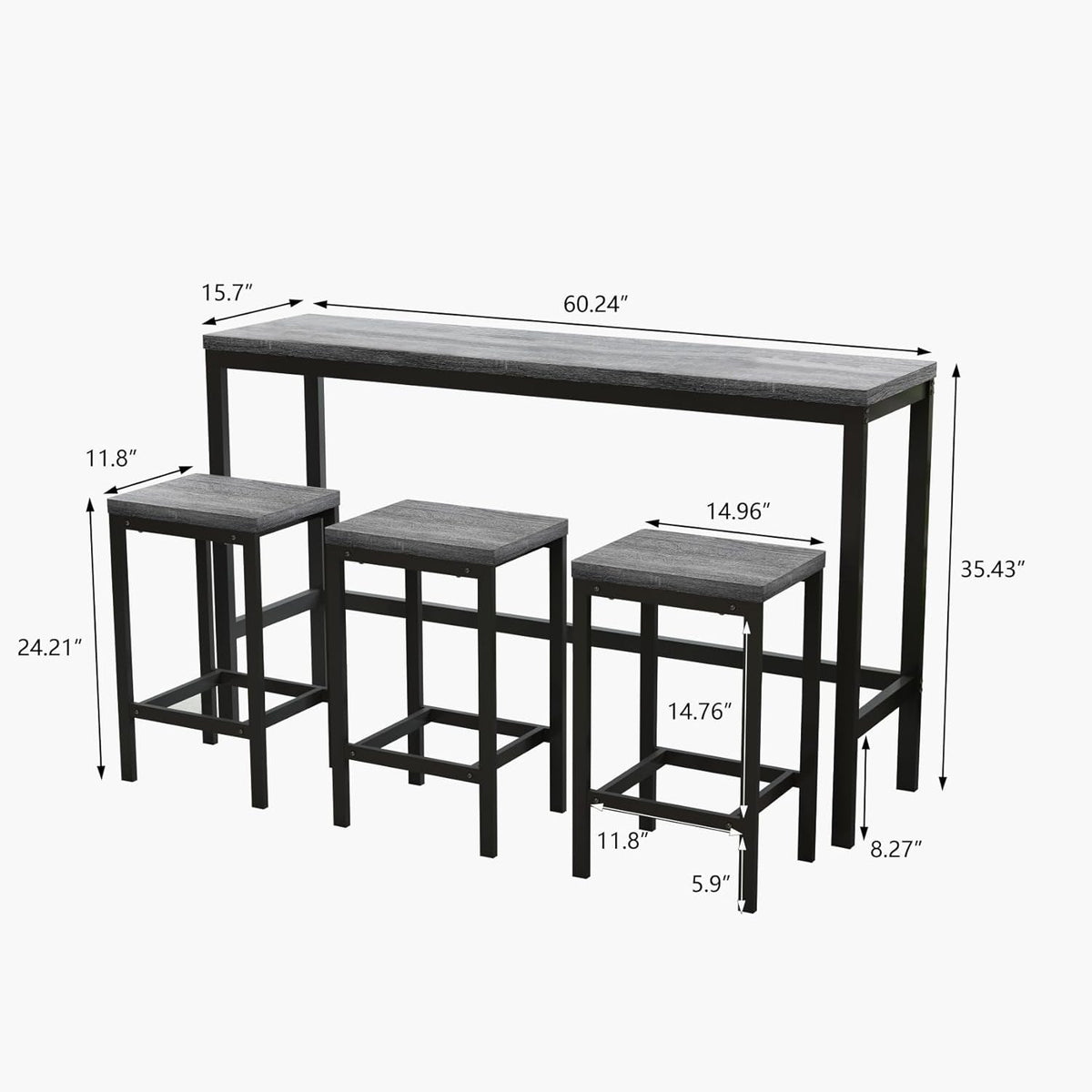 KEIKI 60.24” Long Bar High Top Dining Table and 3 Stools Chairs Set, Wood Behind Couch Sofa Counter Height Pub Furniture for Breakfast, Kitchen Living Party Room, Grey