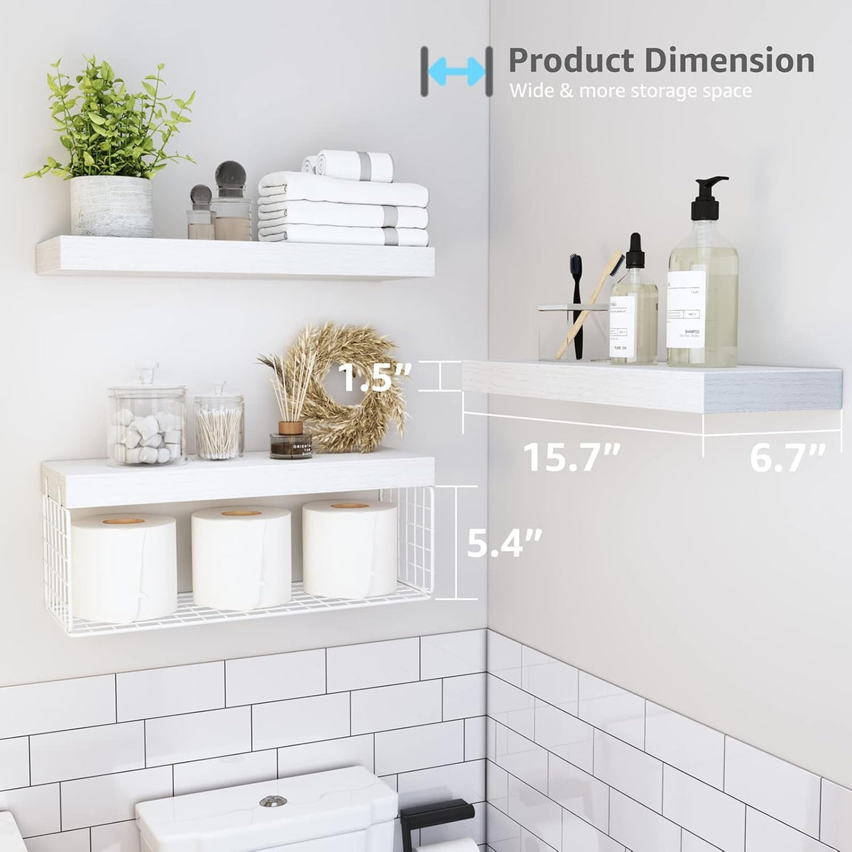 QEEIG Bathroom Shelves Over Toilet - Wall Mounted Floating Shelves Toilet Paper Storage Small Farmhouse Decor Shelf 16 inch Set of 3, White (019-W3)
