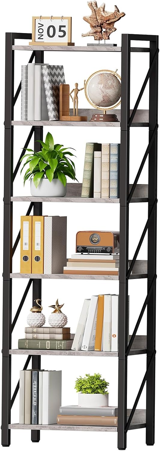 HOOBRO Bookshelf, 6-Tier Industrial Bookcase, Book Shelf Storage Organizer, Tall Bookshelf with Metal Frame for Living Room, Bedroom, Home Office, Kitchen, Greige and Black BG72SJ01