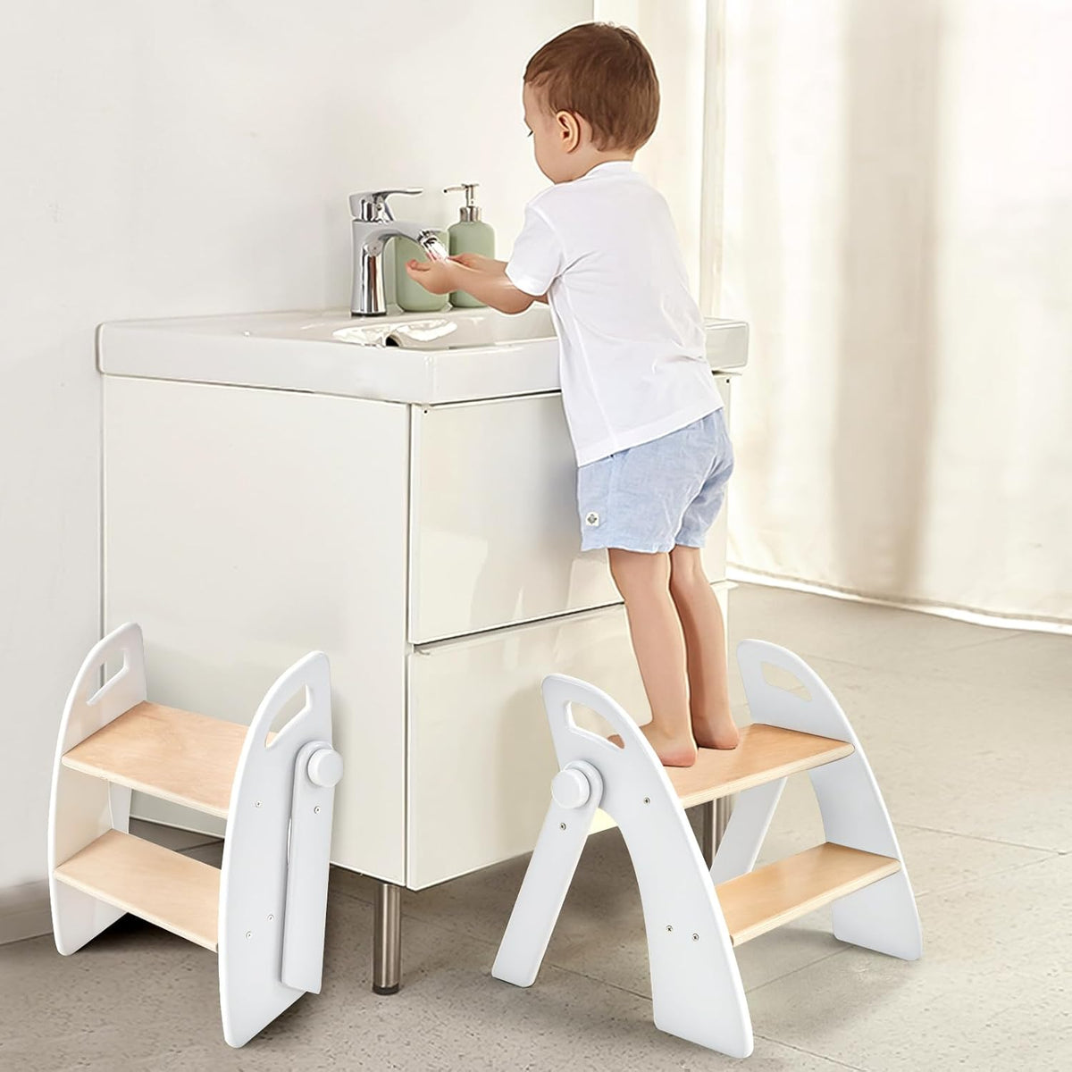 Wooden 2 Step Stool for Kids Bathroom Sink Foldable Anti-Slip 2-Step for Toilet Potty Training, Child Stepping Stool for Kitchen Nursery Bedroom, Sturdy Non Slip Adult Stool for Closet