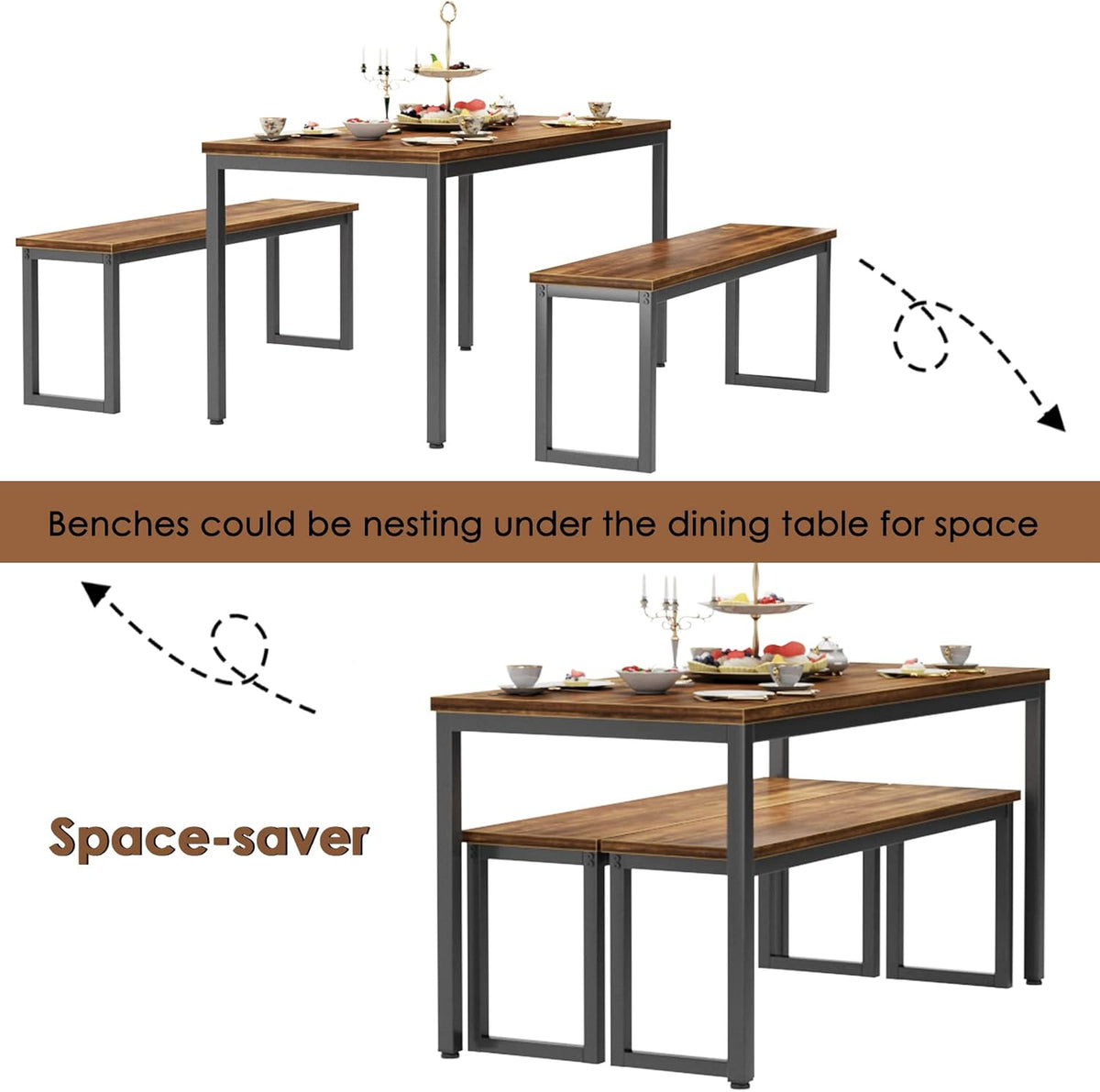 soges Kitchen Table Set with 2 Benches, Bench Dining Table Set for 4, 3 Piece Dining Room Table and Long Benches, Breakfast Table Coffee Table Set, Industrial Style Wooden Kitchen and Dining Room Set