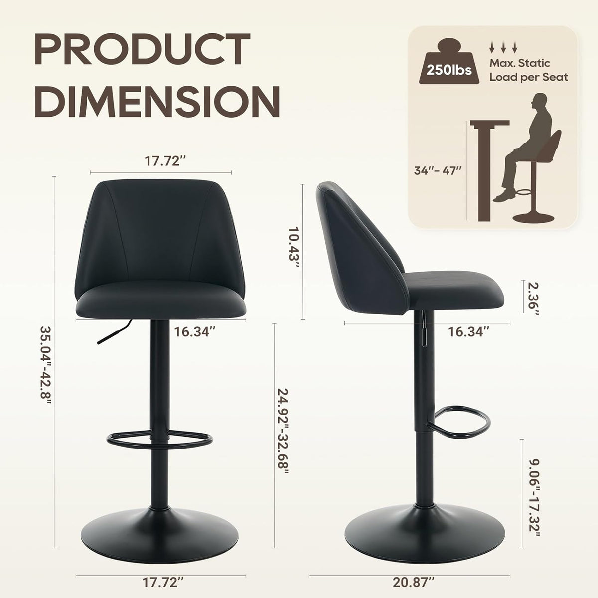 COLAMY Bar Stools Set of 3, Modern Swivel Bar Chairs, Adjustable PU Leather Upholstered Barstools Counter Height with Full Backrest for Bar, Dining Room, Kitchen Island, Black