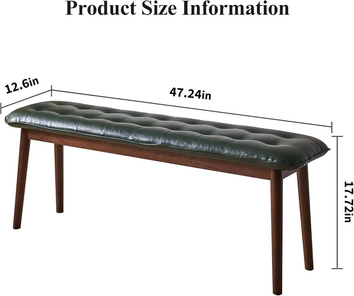 Entryway Bench, Solid Wood Dining Bench, Midcentury End of Bed Bench with PU Leather Padded Seat, Bedroom Bench, 47.24" L x 12.6" W x 17.72" H (Green)