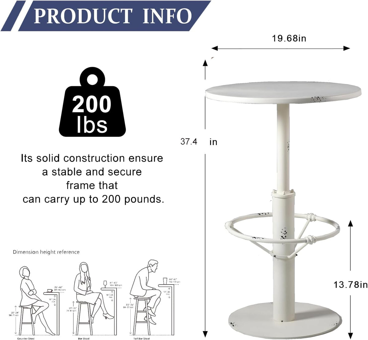 Diwhy Industrial Pub Table 23.6" Iron Round Desktop 37.4" Height Cast Iron Bar Table Antique White