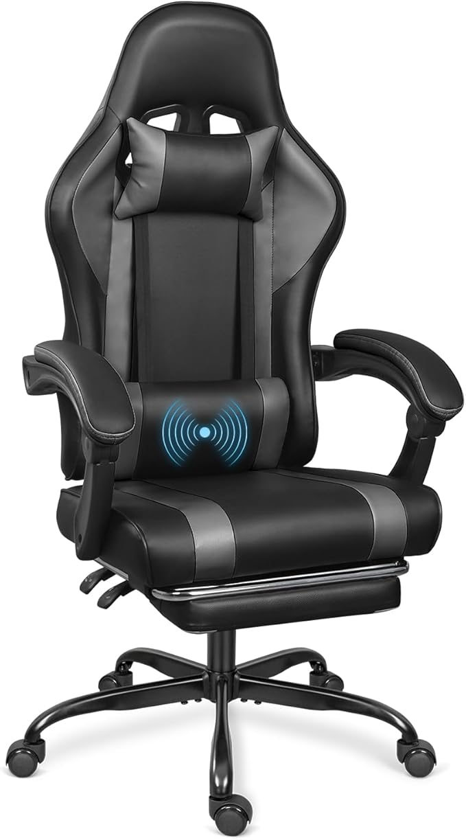 Gaming Chair with Footrest and Massage Lumbar Support, Height Adjustable Game Chair, Video Gaming Chair for Gaming Room, Living Room and Office - Black/Grey