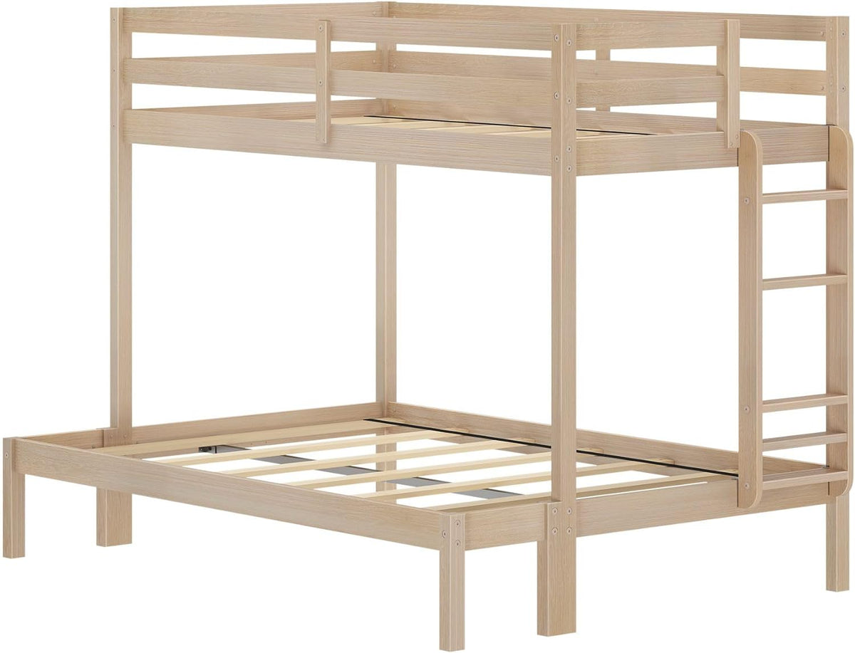 Grain & Grove Bear Twin Over Full Bunk Bed, Sturdy Bunk Bed Frame for Kids, Plywood Bunk with Ladder, Guardrail, and Slats, No Box Spring Required, Oak Embossed Natural