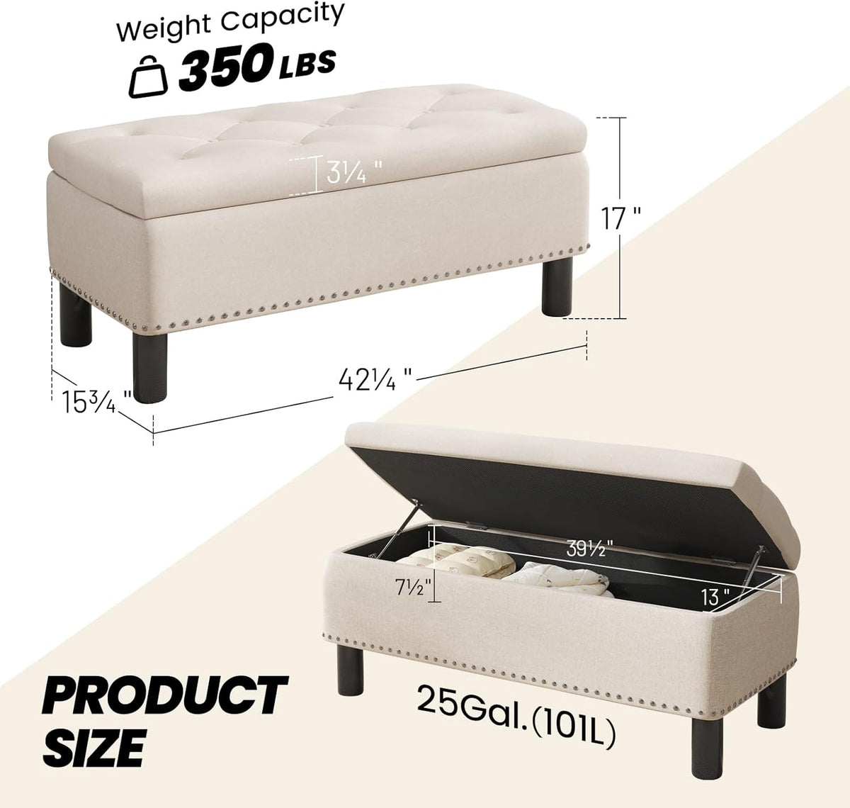 Furniliving 42” Ottoman Bench with Storage, Folding Storage Ottoman Benches with Wood Legs, Upholstered Bedroom Bench with Button-Tufted, Entryway Bench for Bedroom, Linen, Beige
