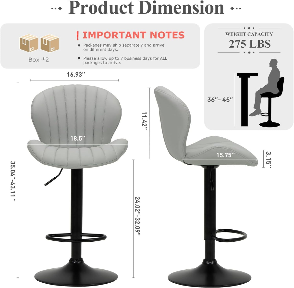 COLAMY Bar Stools Set of 4, Modern Swivel Bar Chairs, Adjustable Faux Leather Upholstered Barstools Counter Height with High Backrest for Bar, Kitchen Island, Dining Room, Grey