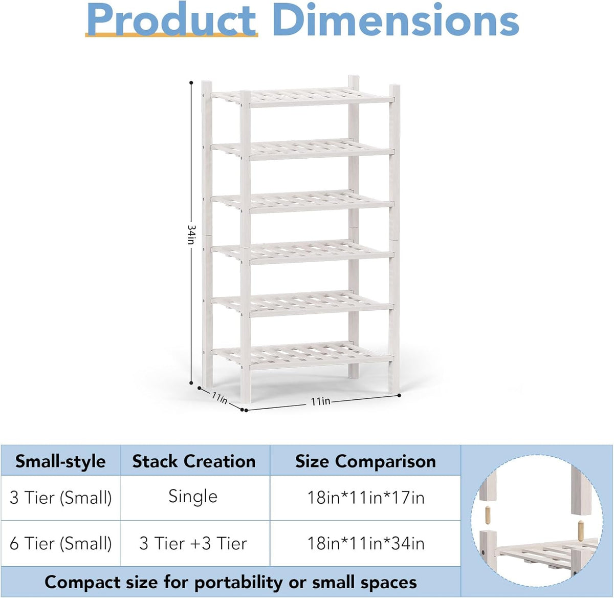 Haddockway small 6 Tier Bamboo Shoe Rack Storage Organizer, Multifunctional Free Standing Stackable Shoe Shelf with Grid Panel for Closet,Hallway,Entryway,Small Space 18"x11"x34"(White, 6-Tier(Small))