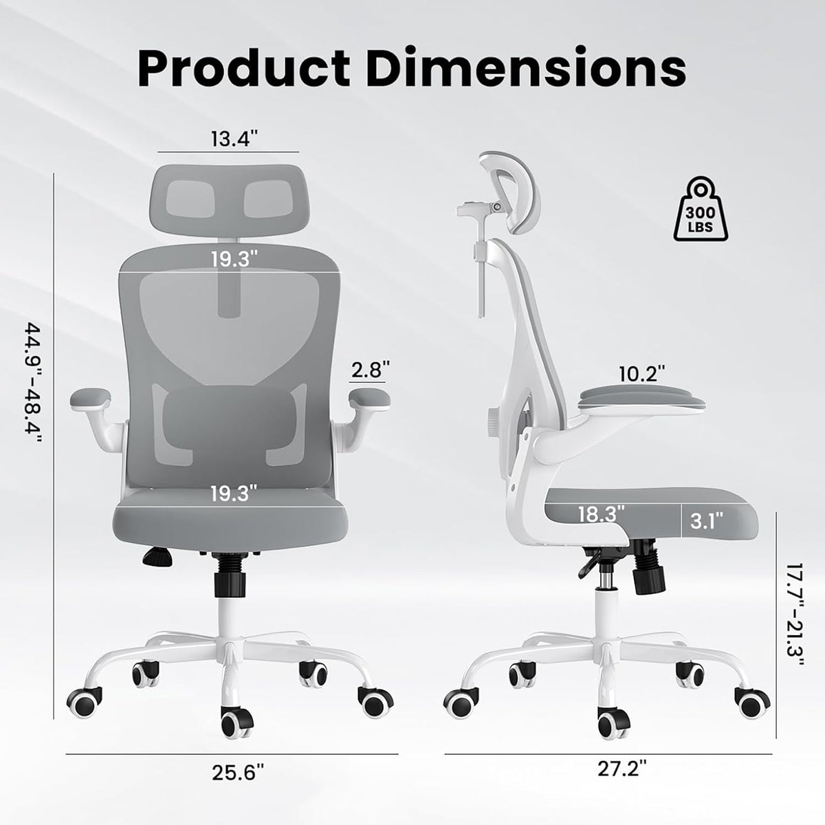 Ergonomic Office Chair, Comfy Home Office Chair High Back Computer Chair with Headrest, Adjustable Back Support, Flip-Up Arms, 90-120° Tilt and Wide Cushion, Up to 300lbs, Grey+White
