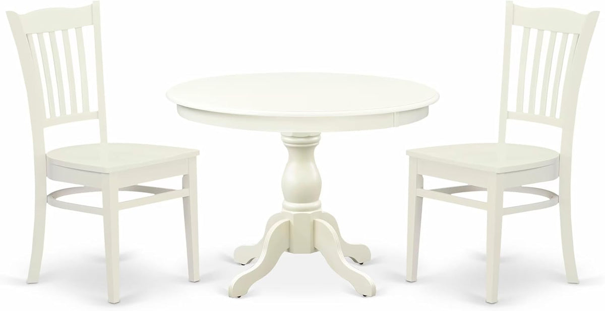 East West Furniture HBGR3-LWH-W 3 Piece Kitchen Table Set for Small Spaces Contains a Round Dining Table with Pedestal and 2 Dining Room Chairs, 42x42 Inch, Linen White