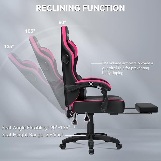 HOFFREE Gaming Chair with Speakers Massage Computer Gaming Chair with Pocket Spring Cushion for Adults Reclining Gamer Chair with Bluetooth Video Game Chairs with Footrest Pink and Black
