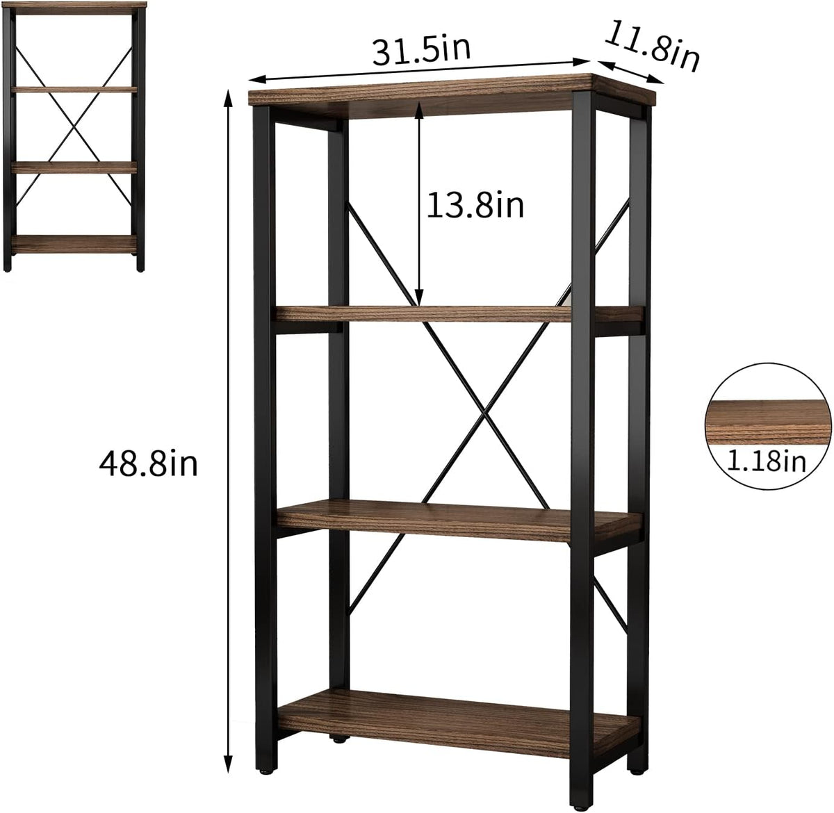 4 Tier Bookshelf, Solid Wood Bookcase Shelf Storage Organizer, Vintage Storage Rack with Open Shelves Rustic Standing Bookshelves for Living Room,Bedroom Rustic Brown(AY01-4tier)