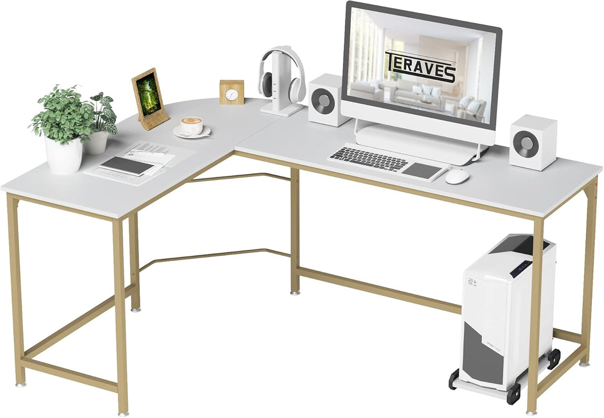Teraves Reversible L Shaped Desk White - 57.9" Corner Gaming Computer Desk, Office Workstation Modern Home Study Writing Wooden Table