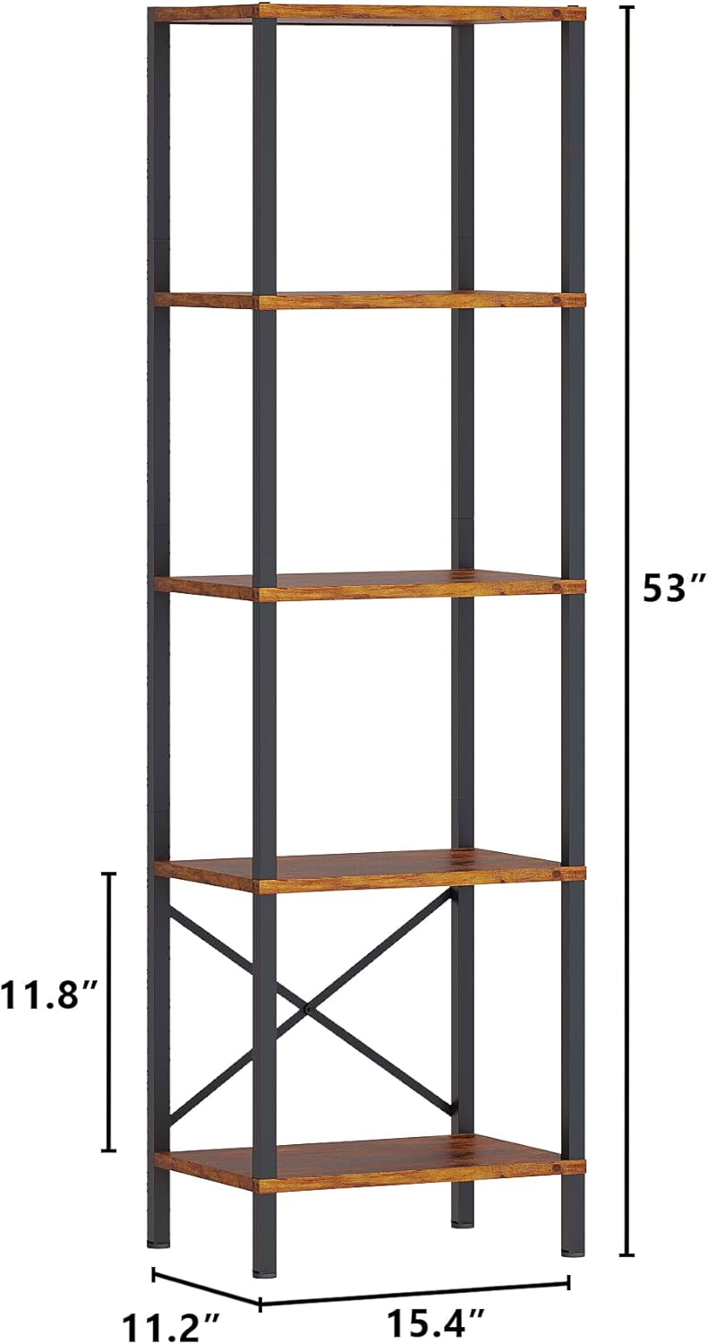 5-Tier Bookshelf, Tall Narrow Bookcase with LED Lights, Book Shelf with Steel Frame, Office Furniture, Display Storage Shelf for Living Room, Bedroom, Study, Balcony, Rustic Brown