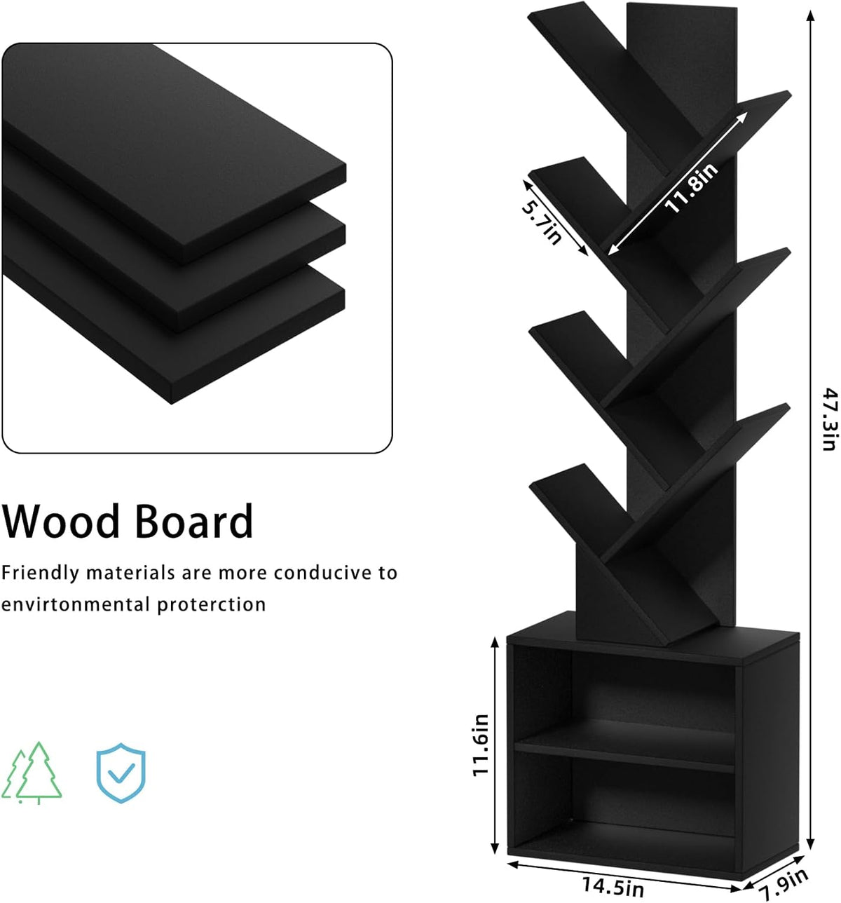 10 Tier Tree Bookshelf,Floor Standing Wood Tall Bookcase for Narrow Space, Storage Organizer Bookshelves for Books, Book Case for CDs/Movies/Books,Home Office,Living Room, Bedroom