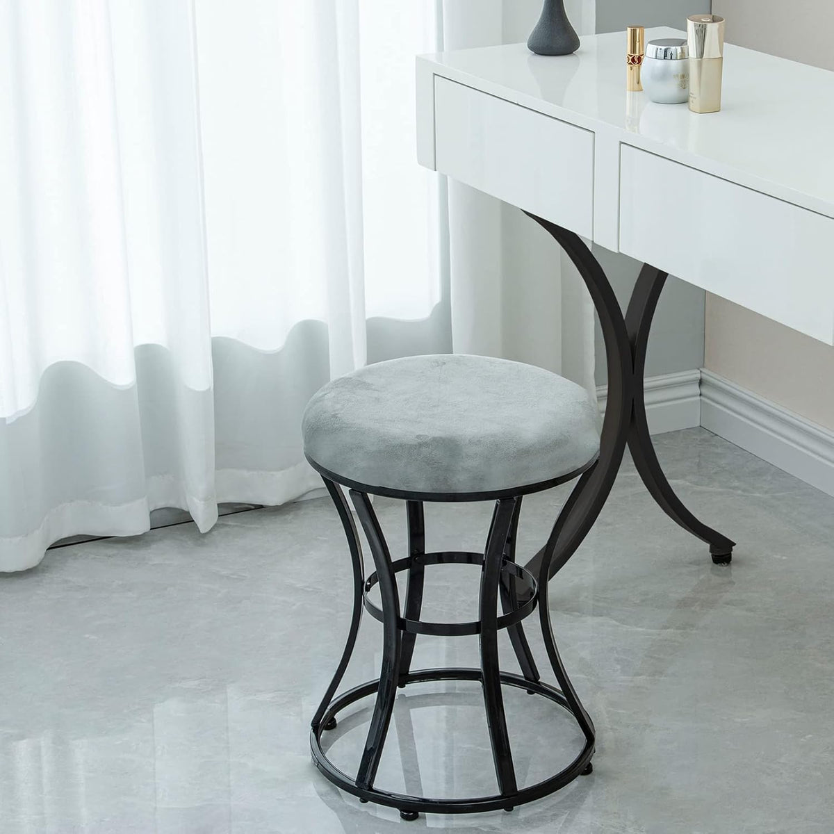 Vanity Stool, Grey Stools for Makeup Room, Round Ottoman Foot Stool, Velvet Footrest Vanity Chair for Bathroom, Bedroom, Living Room Furniture, Entryway, Offices