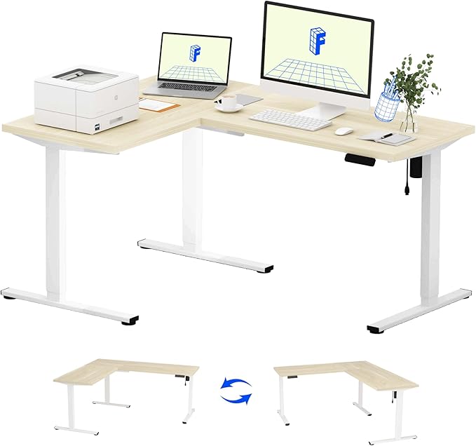 FLEXISPOT L Shaped Standing Desk, 63 x 47 Inch Electric Height Adjustable Corner Desk, Sit Stand Computer Workstation, Preset Controller, Home Office, White Frame with Maple Top