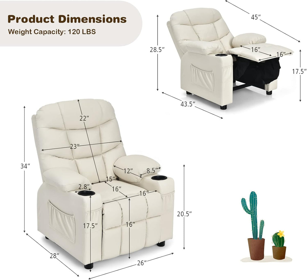Costzon Kids Recliner Chair with Cup Holder, Adjustable Lounge Chair w/Footrest & Side Pockets for Children Boys Girls Room, Ergonomic Toddler Furniture Sofa, Kids Recliner (Beige)