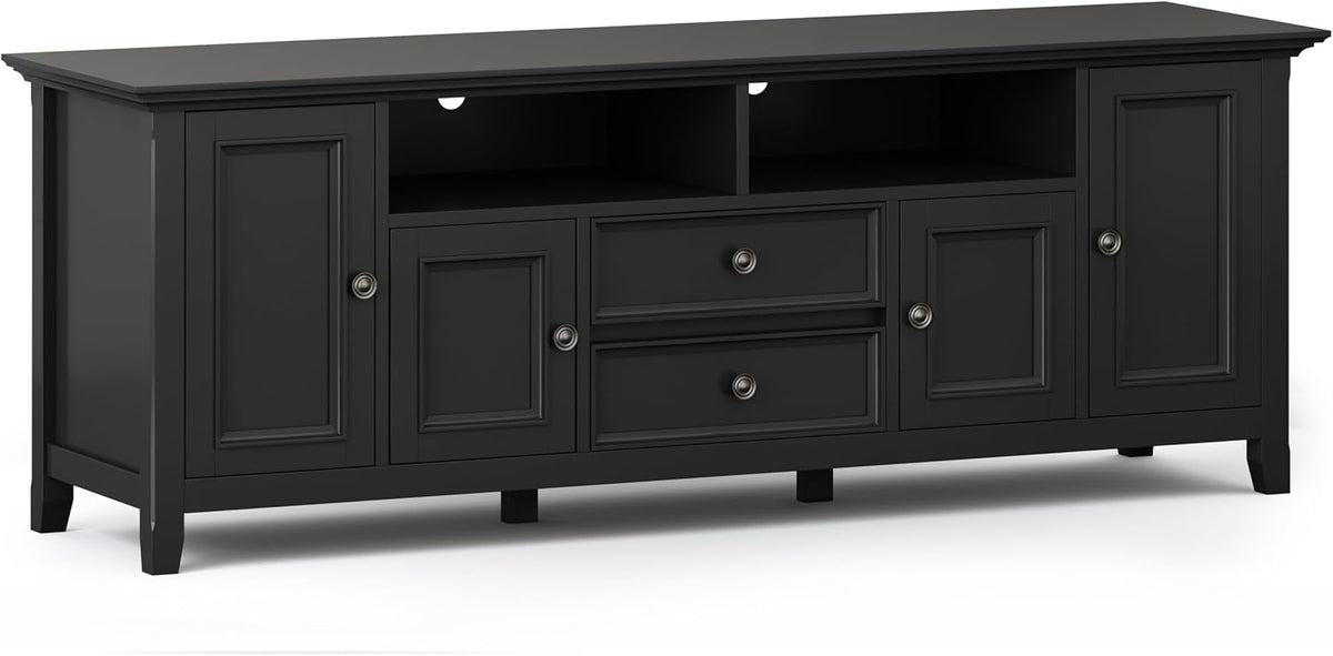 SIMPLIHOME Amherst 72-inch Wide Solid Wood TV Stand in Black, Transitional-Style Media Console for Living Room with Cable Management and Adjustable Shelves, Fits 80" TVs