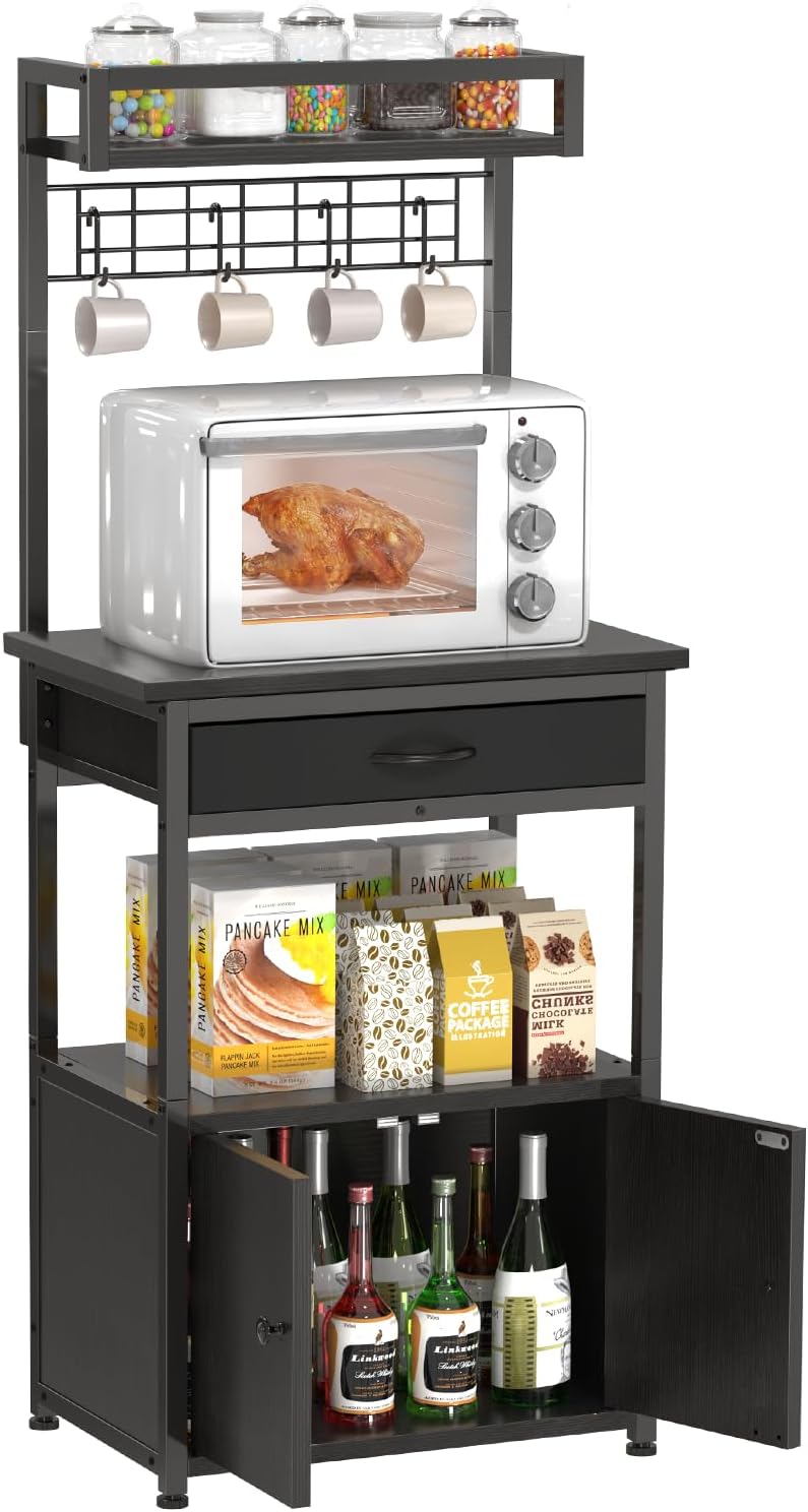 5-Tier Coffee Bar Cabinet & Microwave Stand with Storage, 2 Doors, 4 S-Hooks Kitchen Appliance Bakers Rack for Spices, Pots,Coffee Station for Small Spaces,Living Room,Entryway,Black
