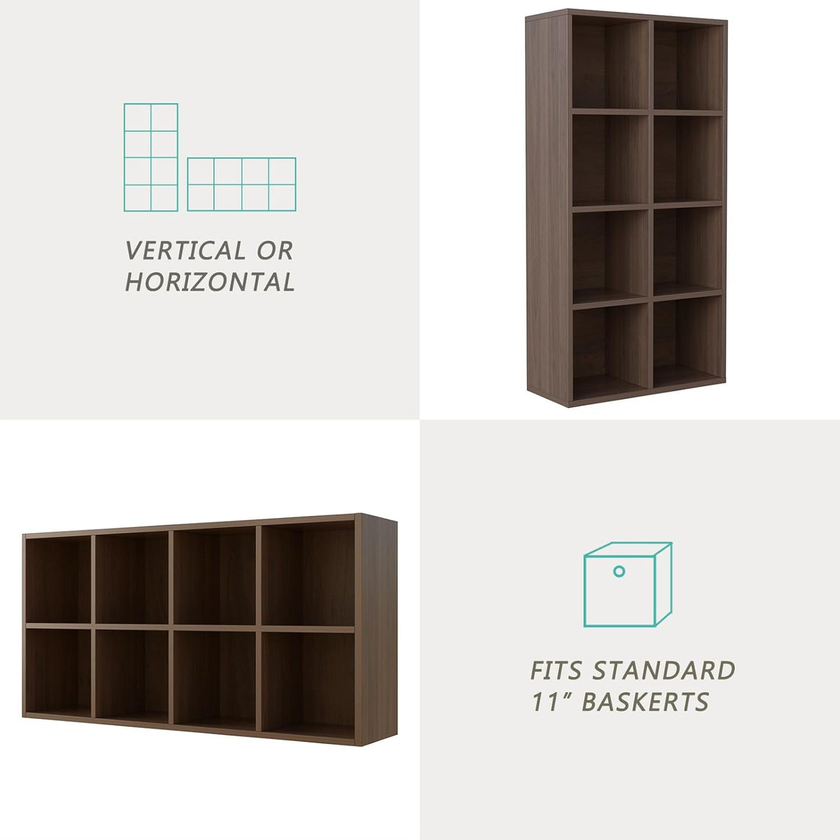 8-Cube Storage Shelf Bookcase - Wooden 4-Tier Floor Standing Open Bookshelf for Home and Office, Cuby Orgainzer, Walnut
