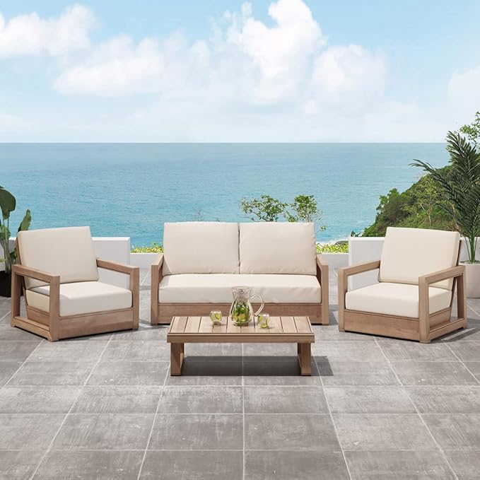 Christopher Knight Home Sammy, Brown and Beige Outdoor 4 Seater Acacia Wood Chat Set with Water Resistant Cushions