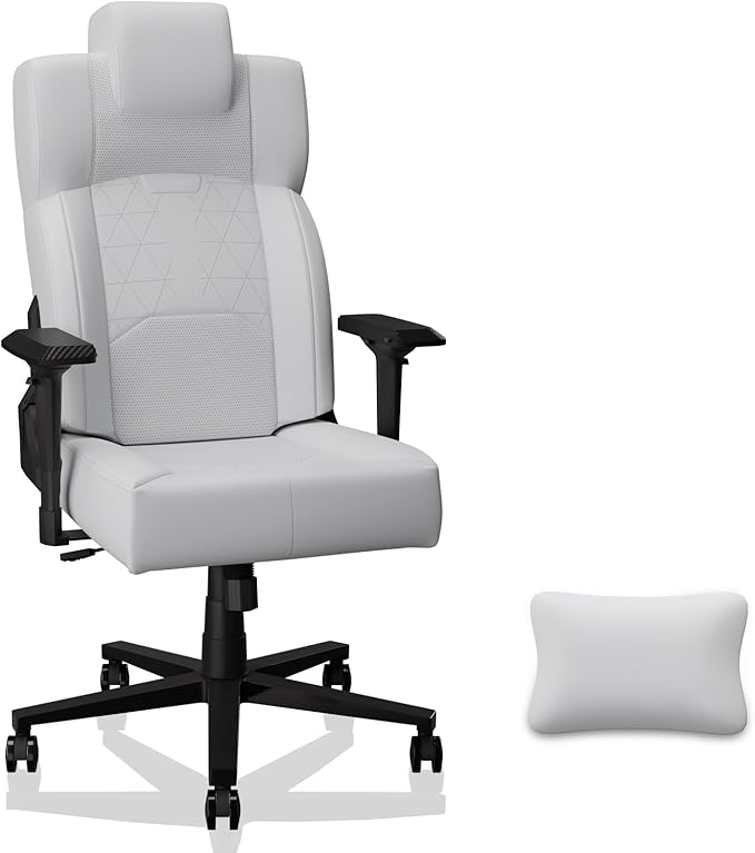 Gaming Chair Big and Tall for Adults,Ergonomic Comfortable Wide Office Chair with Lumbar Support,Desk Computer Chair High Back 155° Recline with Angle Lock,PU,White