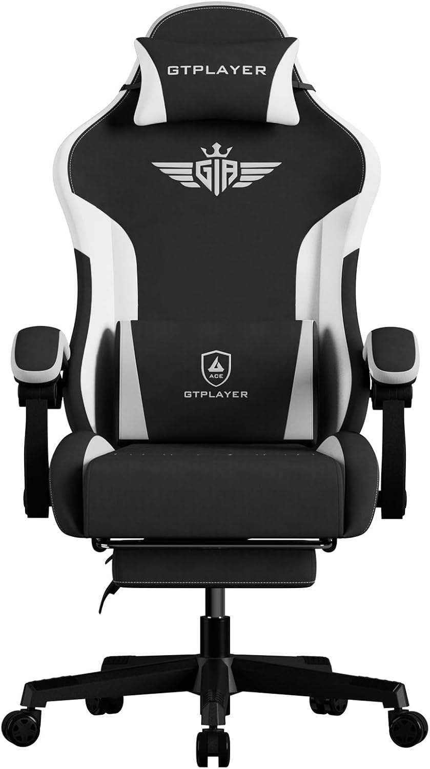 GTPLAYER Gaming Chair Fabric with Footrest, Big and Tall Game Chair High Back Computer Office Chair with Lumbar Support for Adults, Ergonomic Swivel Games Chair with Cushion Gaming Black