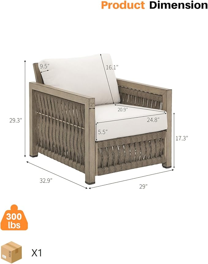 Patio Chair, Outdoor Aluminum Chair with Thick Washable Cushions, Rope Weave Outdoor Armchair Furniture Patio Sofa Armchair, Deep Seating Outside Furniture for Garden, Porch, Balcony, Gray Oak
