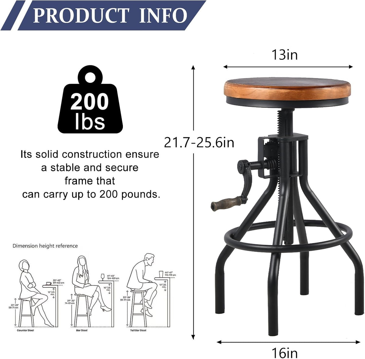 Diwhy Industrial Farmhouse Counter Stool Wooden Seat Height Adjustable with Handle Kitchen Bar Stool Black Set of 2