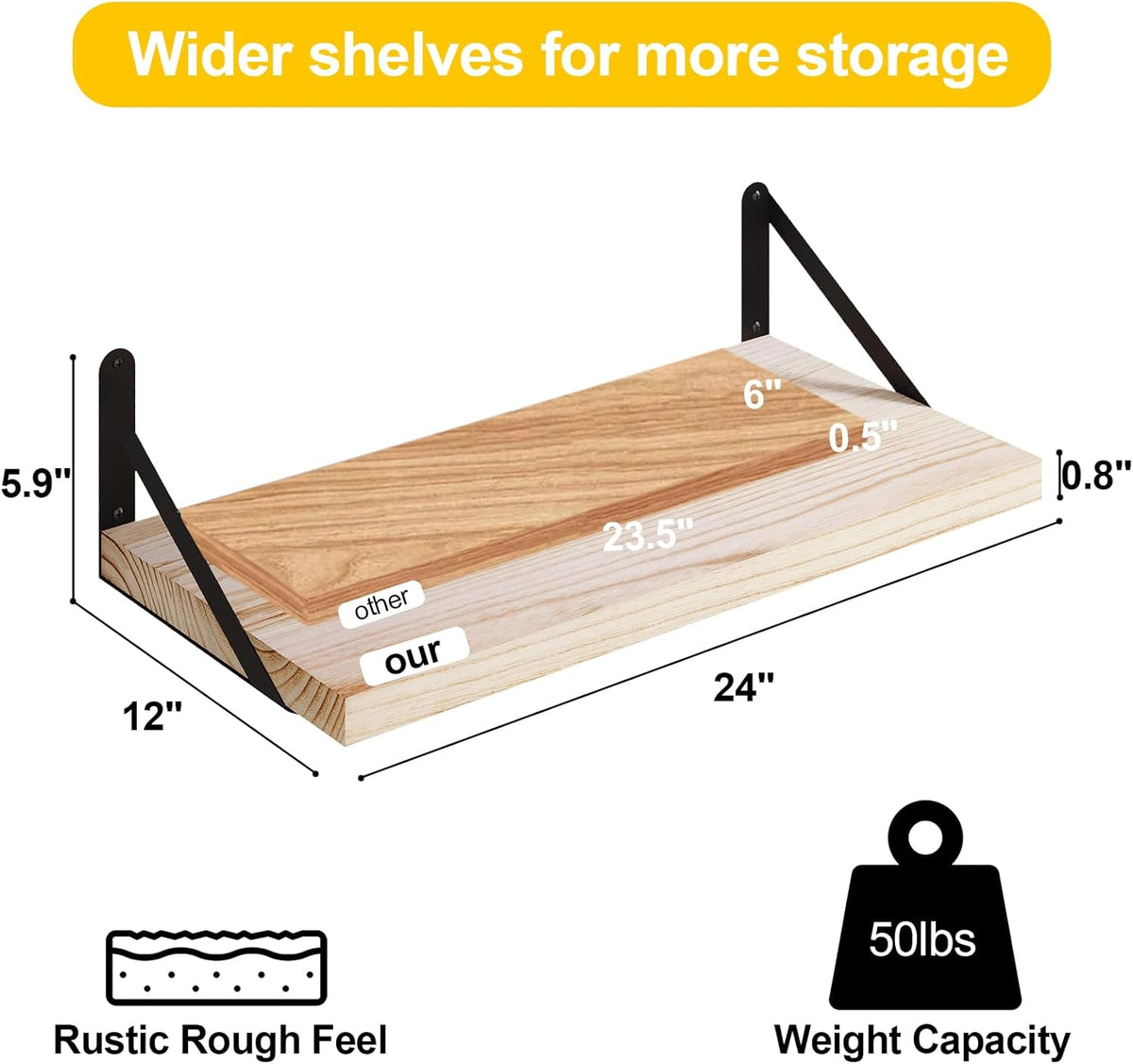 SAUMONIER Floating Shelves Bookshelf for Bedroom Bathroom Living Room Wood Wall Mounted Wide Deep Storage, Rustic Torched 24 Inch Shelves Set of 2