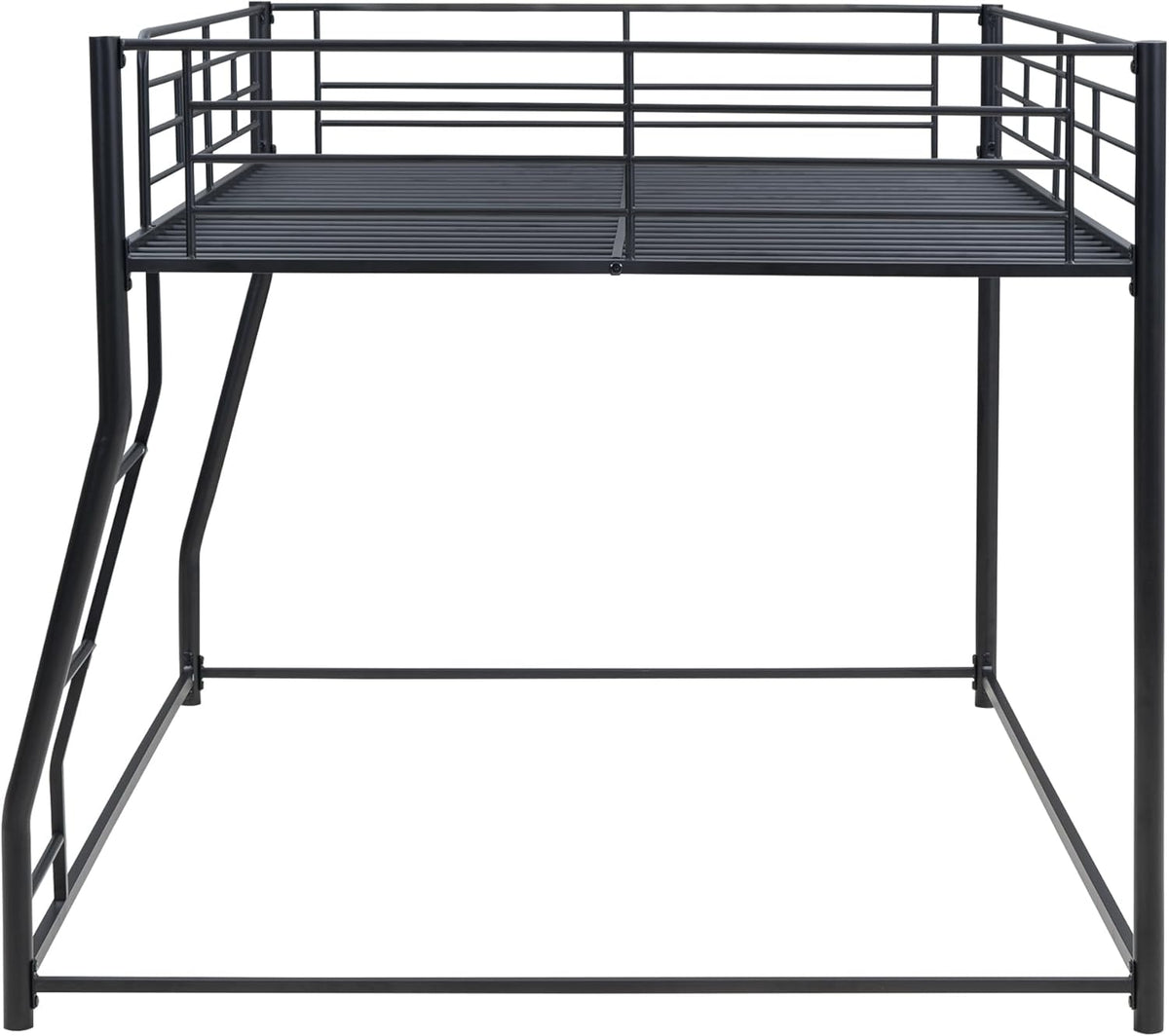 Full XL Over Queen Metal Floor Bunk Bed with Sloping Stairs and Safety Guardrails for Bedroom,Guest Rooms, No Box Spring Needed, Simple to Assemble,Black