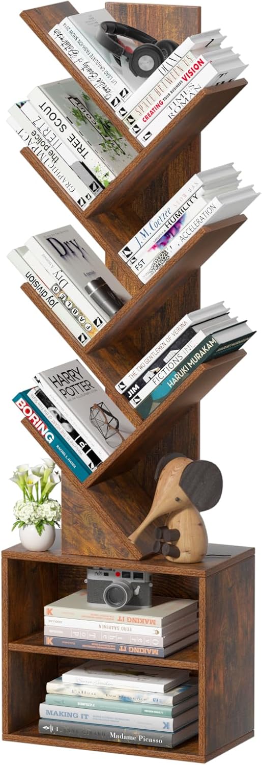 10 Tier Tree Bookshelf,Floor Standing Wood Tall Bookcase for Narrow Space, Storage Organizer Bookshelves for Books, Book Case for CDs/Movies/Books,Home Office,Living Room, Bedroom