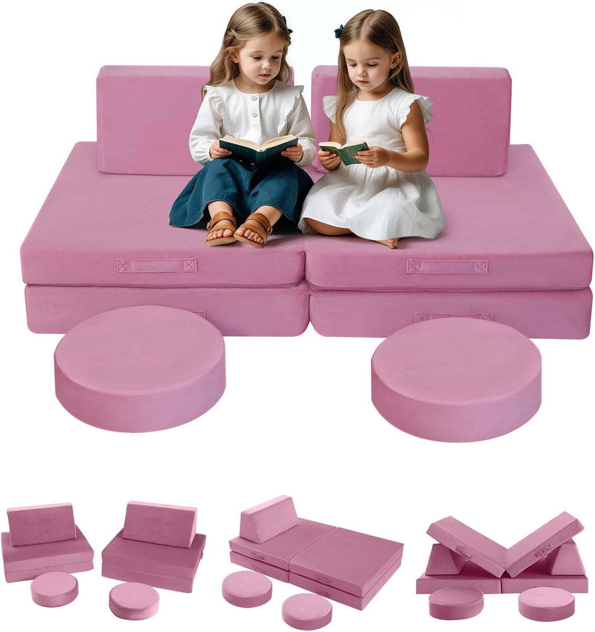 MeMoreCool 8-Piece Modular Kids Play Couch, Pink Convertible Foam Toddler Sofa Play Set for Playroom