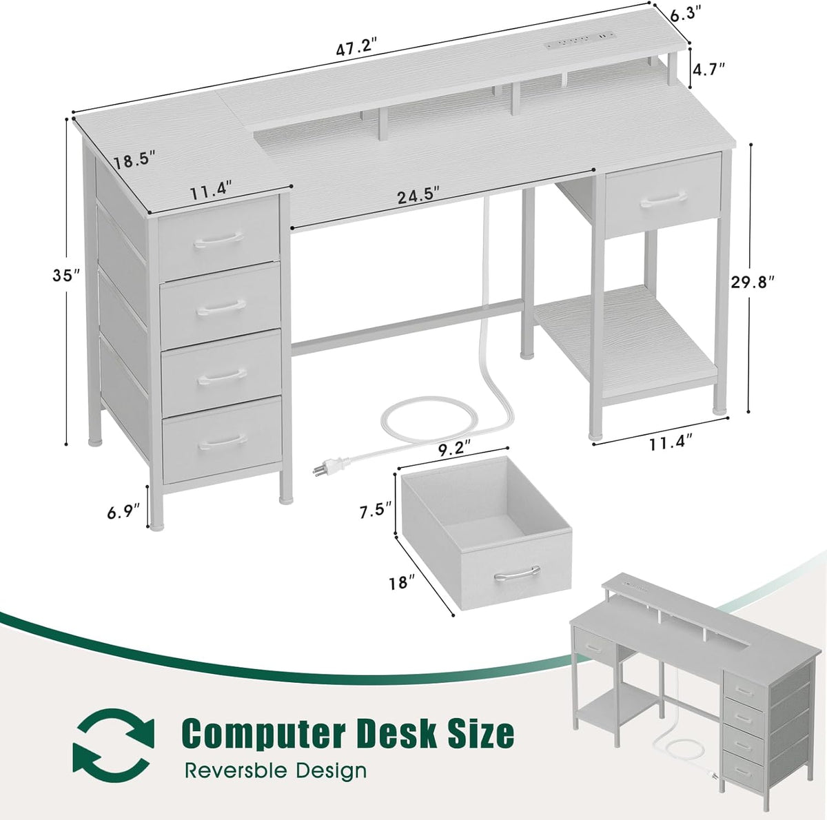 47 Inch Computer Gaming Desk with Power Outlets & LED Lights Reversible Home Office Desk with Adjustable 5 Fabric Storage Drawers for Working Writing Study, White Oak