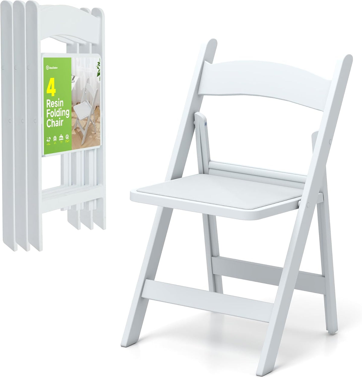 Real Relax Resin Folding Chairs, 4 Sets, White Patio Chairs with PVC Padded Seats 330LB Capacity for Camping, Banquets, Weddings, Church and Events