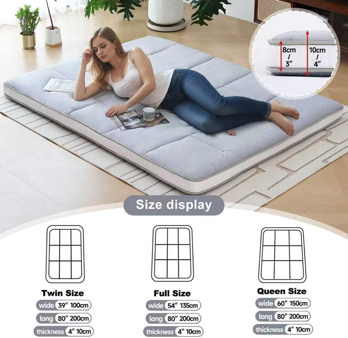 Tiita Futon Mattress 4” Thick Folding Roll Up Sleeping Pad with Bag & Strap, Bed Topper Mat for Guest, Lounger and Tavel, Gray,Queen Size