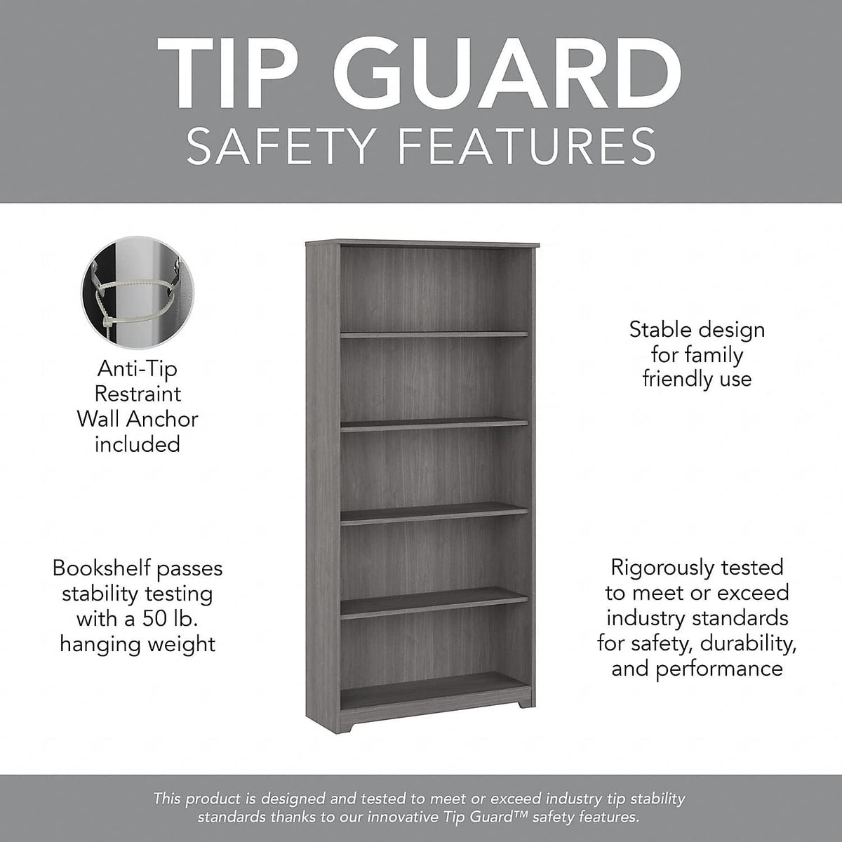 Bush Furniture Cabot Tall 5 Shelf Bookcase | Large Open Bookshelf in Modern Gray | Sturdy Display Cabinet for Library, Living Room, and Home Office