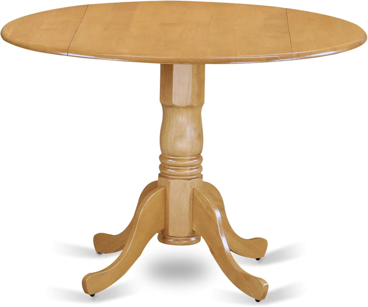 East West Furniture DLAB3-OAK-04 3 Piece Dining Room Furniture Set Contains a Round Dining Table with Dropleaf and 2 Light Tan Linen Fabric Parsons Chairs, 42x42 Inch, Oak