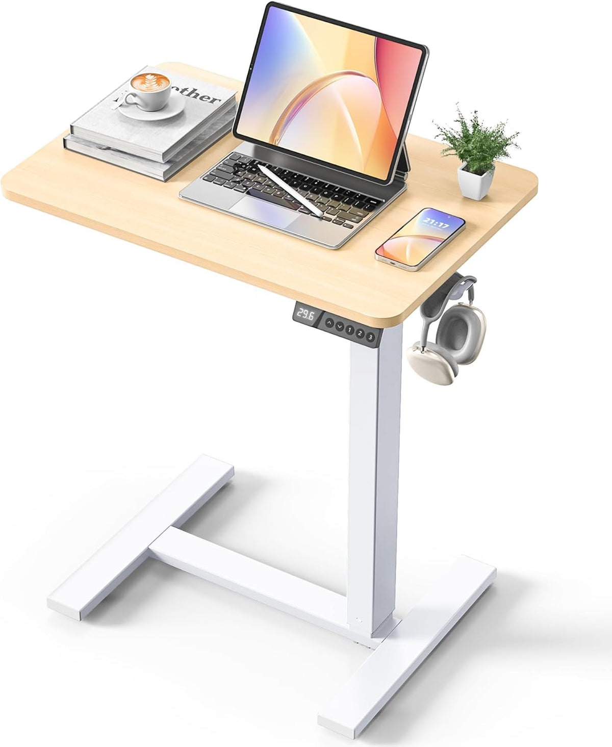 Electric Adjustable Height Standing Desk - Small Sit Stand Portable Rolling Laptop Table with Hidden Wheels, Small Computer Workstation for Bedside & Home Office Use (24"x16", Oak)