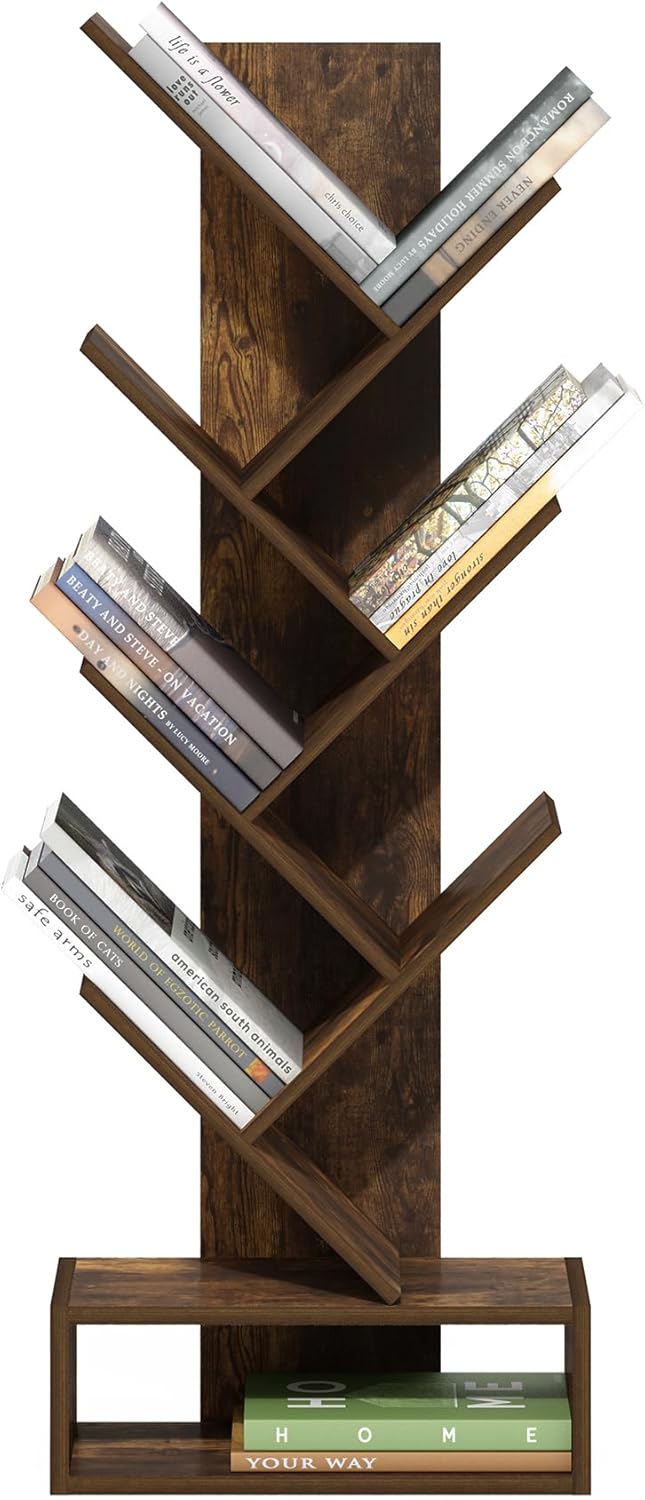 Furinno Tree Bookshelf 7-Tier Floor Standing Tree Bookcase with Bottom Shelf, Amber Pine