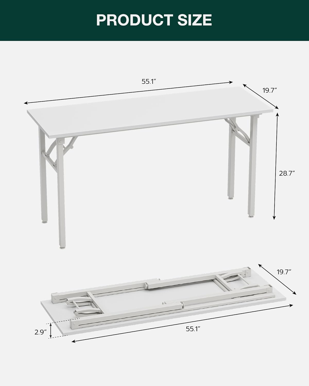 Frylr Small Folding Computer Desk – Portable 55.1 Inch Foldable Laptop Table, Collapsible and Compact for Easy Storage and Fast Setup, Lightweight for Small Spaces, Craft and Study Use, White
