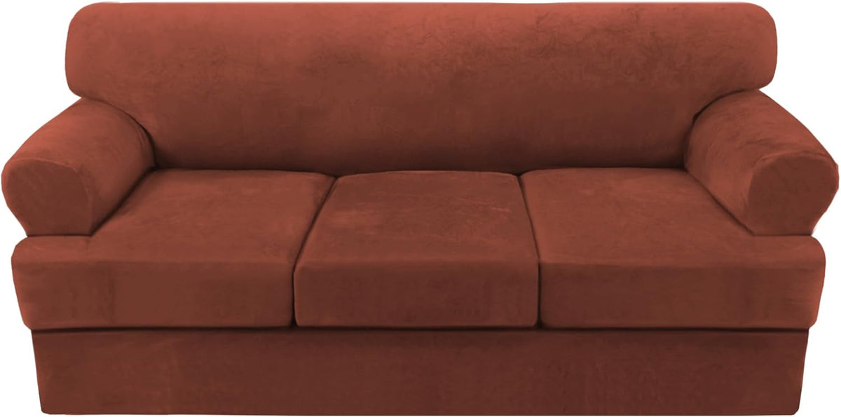 H.VERSAILTEX Sofa Cover 4 Piece T Cushion Sofa Slipcovers Thick Velvet Couch Cover Stretch T Cushion Sofa Covers for 3 Cushion Couch with 3 Individual T Cushion Covers Washable, Rust