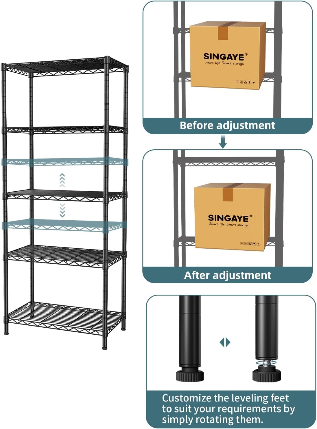 SINGAYE 5 Tier Storage Shelves Wire Shelving Unit Shelve Metal Kitchen Laundry Room Organization Home Pantry Closet Bathroom Organizers Garage Rack Estantes para Cocina 14" D x 24" W x 59.5" H Black