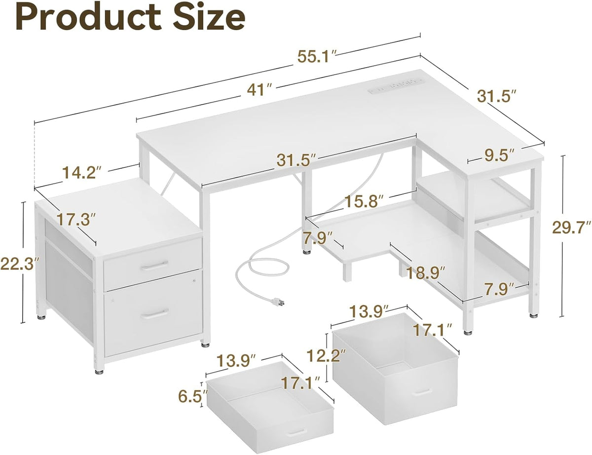 Casaottima L Shaped Desk with Drawers & File Cabinet, Reversible White Computer Desk with Storage Shelves & CPU Stand, Corner Desk with Power Outlets, L Table for Home Office