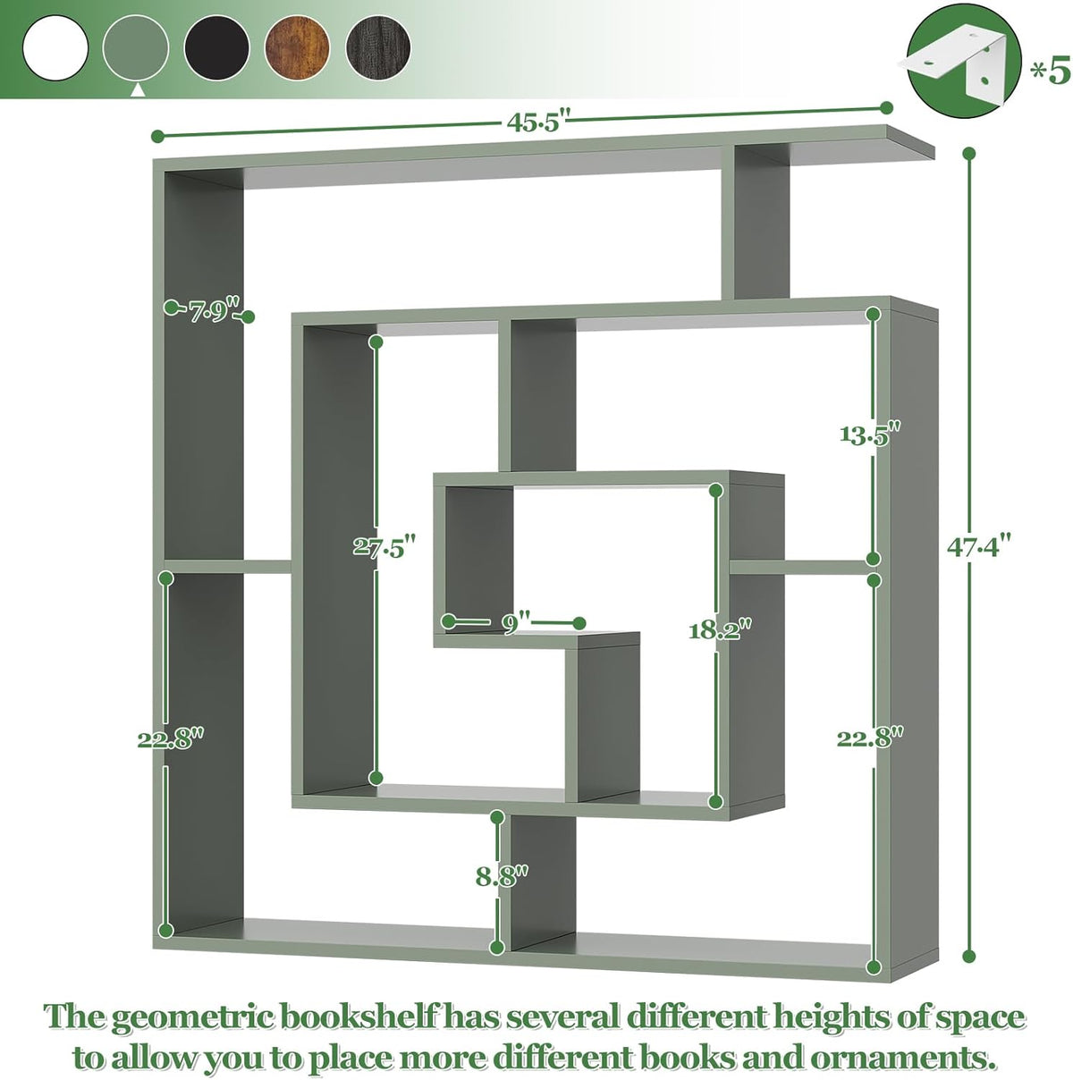 Armocity 6 Tier Display Book Shelf Wall Mounted Bookshelf Freestanding Geometric Bookcase Floating Book Shelves for Wall Bedroom Living Room Home Office, 45.5"(W) * 47"(H), Crab Green